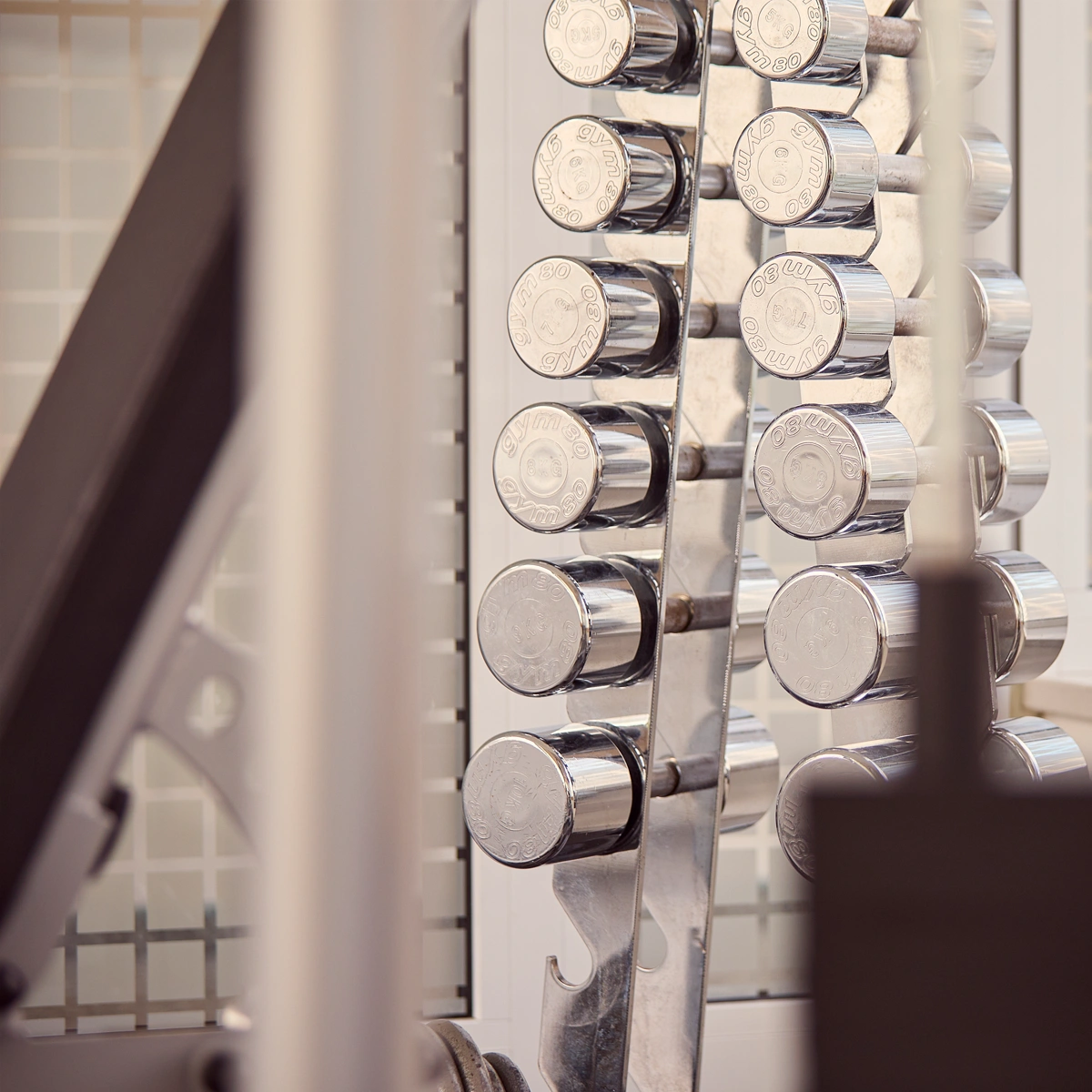 hotel-watthalden-fitness5 Der Fitnessbereich. Nahaufnahme von Kurzhanteln und Trainingsgewichten für individuelles Krafttraining.